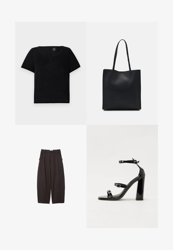 SchwarzesKurzarm-T-Shirt mit rundem Halsausschnitt. Hergestellt aus leichtem Stoff mit leicht strukturiertem Finish. Verfügt über eine lässige Passform.; Schwarze weit geschnittene Hosen aus einem glatten Stoff, mit hoher Taille, Frontfalten und Seitentaschen. Schlichtes Design ohne Verzierungen.; Schwarze patentierte Sandalen mit Absatz, quadratischer Spitze, Knöchelriemen und silbernen Schnallen. Mit einem stabilen Blockabsatz für mehr Stabilität.; Schwarze Laptoptasche aus Leder mit glatter Textur, rechteckiger Form und zwei langen Griffen. Keine sichtbaren Beschläge oder Verzierungen.