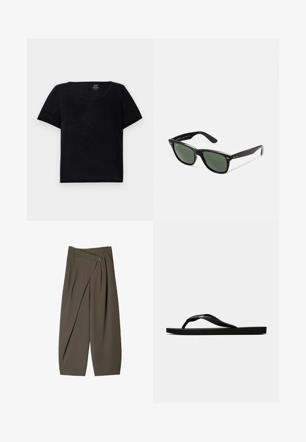 Tricou scurt negru cu mâneci scurte și guler rotund. Fabricat dintr-un material ușor, cu o textură ușor texturată. Prezintă o croială lejeră.; Pantaloni cu croi larg dintr-un material verde măsliniu închis, cu un design pliat în față, închidere cu nasture și o suprafață lustruită și texturată.; Sandala flip-flop din cauciuc negru, cu un bretele texturat și o talpă simplă și plată, prezentată din lateral pe un fundal simplu și deschis.; Ochelari de soare din plastic negru cu lentile verzi, rame pătrate, accent argintiu pe sprânceană și brațe texturate. Marca este menționată pe brațul interior.