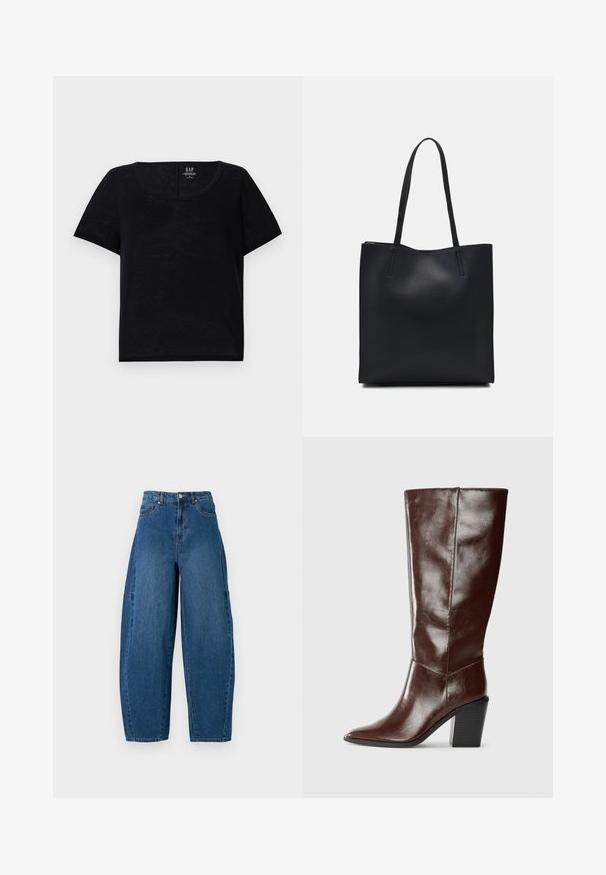 Melna īsām piedurknēm T-kreklu ar apaļu dekoltē izgriezumu. Izgatavota no viegla auduma ar nedaudz teksturētu virsmu. Iezīmējas ar brīvu piegriezumu.; Denim bikses vidējā zilā krāsā ar augstu jostasvietu, platām kājām un standarta piecu kabatu dizainu ar redzamām šuvju detaļām.; Augsta, tumši brūna ādas zābaks ar izstieptu pirkstu un sakrautu bloku papēdi, attēlota no sāna uz vienkārša fona.; Melnas ādas somiņa ar gludu tekstūru, taisnstūra formu un divām garām rokturiem. Nav redzamu aparatūras vai rotājumu.