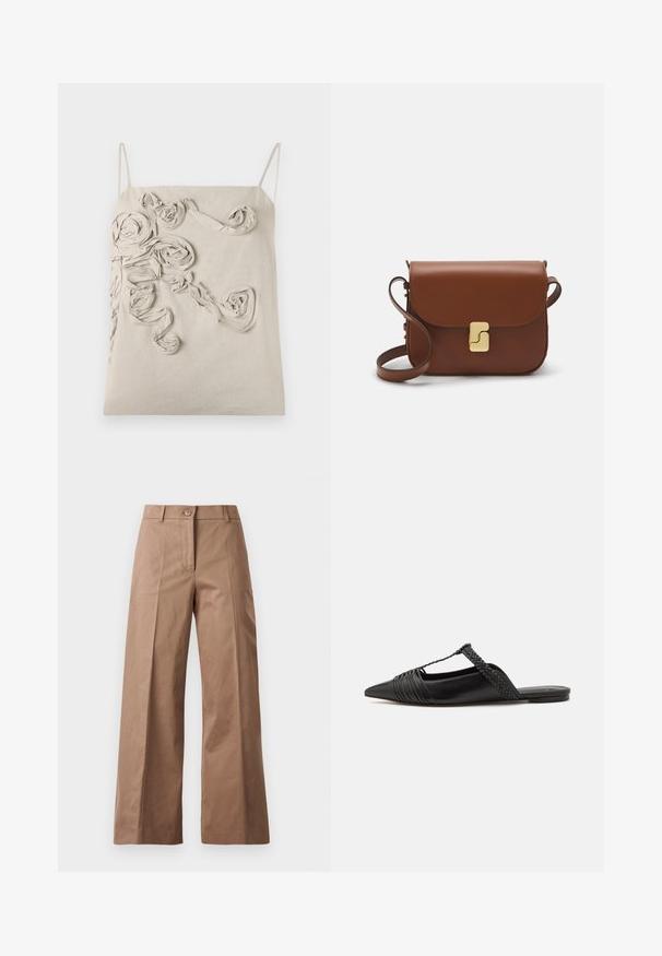 Beige len felső vékony pántokkal, textúrált szövet rózsákkal és csavart részletekkel az elején, sima felület és laza szabás.; Barna, bőszárú nadrág sima anyagból, elülső gombos zárással, két elülső zsebbel és tiszta, szabott vonalakkal.; Fekete bőr slingback cipő hegyes orral, szőtt díszítéssel és redőzött felső dizájnnal. Lapos talp minimális hardverrel.; Barna bőr kézitáska, hajtókás zárással, arany színű fém kiegészítőkkel, vállpánttal és sima felülettel. Kompakt téglalap alakú.