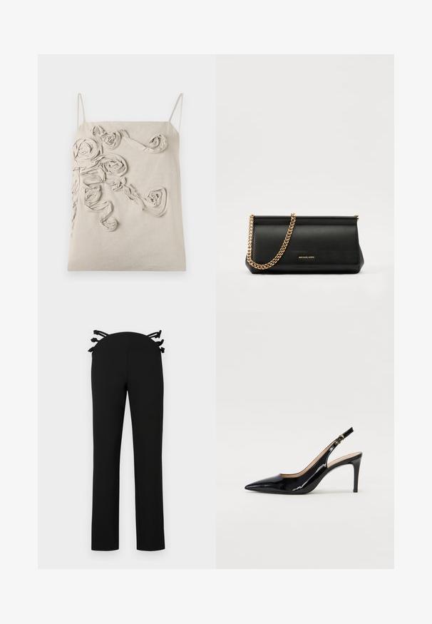 Beige linen top with thin straps, featuring textured fabric roses and twisted detailing on the front, smooth finish, and relaxed fit.; Black trousers with a straight leg design, featuring a waistband with black ribbon accents on the back. Smooth fabric with no visible patterns.; Black patent leather slingback pump with pointed toe, slim heel, and a subtle cutout design. Features a gold buckle on the strap.; Black leather clutch bag with a gold chain strap, featuring a smooth texture, rectangular shape, and embossed branding on the front.