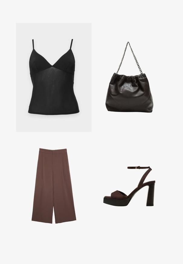 BDG Urban Outfitters JE TAMIE CAMI - Top - black; Hnedé nohavice so širokými nohavicami a hladkou textúrou, s vysokým pásom a prednými skladmi. Tkanina je ľahká a voľne sa pohybuje.; Hnedé semišové sandále na vysokom podpätku s otvorenou špičkou, nastaviteľným členkovým remienkom a pruhovanou platformovou podrážkou.; Hnedá kožená taška so zberaným vrchom a reťazovým popruhom. Hladký povrch s lesklým finišom a jemným švom po stranách.