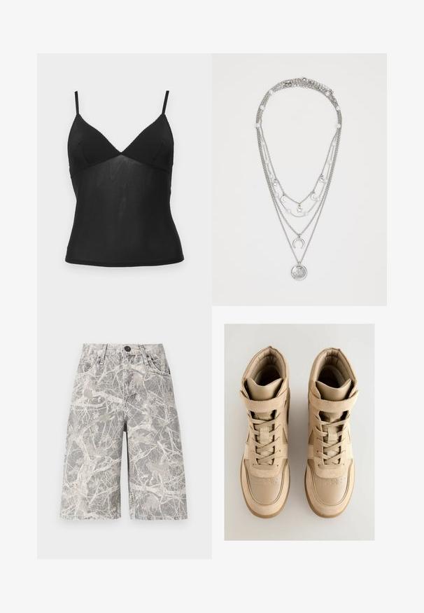 BDG Urban Outfitters JE TAMIE CAMI - Topp - black; Kamo mustriga teksashortsid halli ja beeži tooni, klassikalise viie tasku ja metallnööpide sulgemisega.; Beezhivärvi kõrged spordijalatsid tekstuurse nahast ja seemisnahast ülemise osaga, millel on nööbid, takjakinnitusega rihm ja kummitald.; Mitmekihiline hõbekett, millel on kettid, valged helmed, tähe- ja poolkuu ripatsid, ning alumises osas ümmargune ripats, millel on päikesekiirte disain.