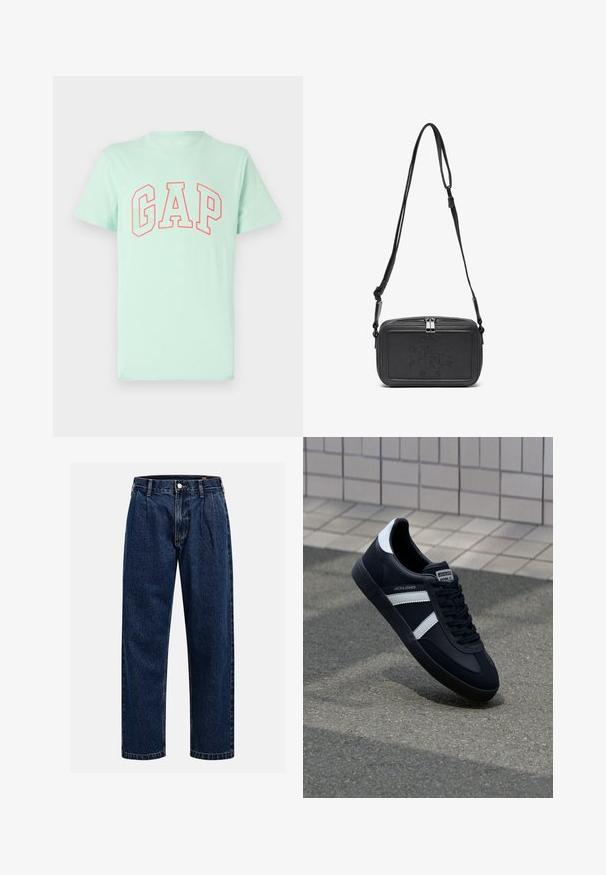 Camiseta de manga corta en verde menta con un audaz logo rojo de "GAP" en un diseño arqueado. Hecha de suave tela de algodón y con cuello redondo.; Jeans de mezclilla azul oscuro con un diseño de pierna recta. Presentan costura visible, cierre de botón y pliegues frontales para un detalle adicional.; Zapatilla de cuero negra con rayas blancas, suela de goma texturizada y parte frontal con cordones. Cuenta con una etiqueta de marca en la lengüeta.; Bolso cruzado de piel negra con cierre de cremallera, logotipo embossing en el frente y correa ajustable. Textura suave con forma rectangular.