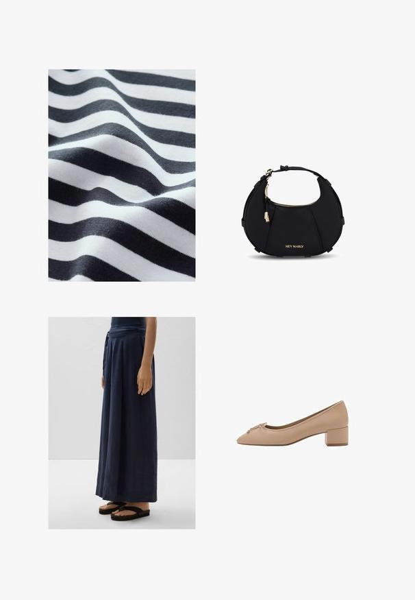 Welliges Gewebe mit schwarz-weißen Streifen, das eine weiche Textur zeigt. Die Streifen variieren in der Dicke und erzeugen ein glattes, fließendes Aussehen.; Marineblaue, weit geschnittene Hose aus leichtem Stoff mit gebundenem Bund. Kombiniert mit schwarzen Flip-Flops. Glatte Textur, knöchellang.; Beige Lederpumps mit spitzem Zehenbereich, kleinen Schleifen-Details an der Vorderseite und einem quadratischen, niedrigen Absatz. Glatte Textur mit minimaler Naht.; Schwarze Nylon-Handtasche mit geschwungener Form, goldfarbener Reißverschluss und Beschlägen, Logodetail auf der Vorderseite und einem kurzen Griff.