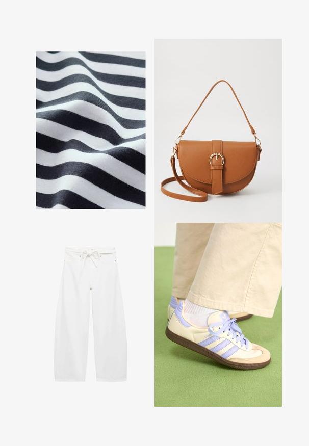 Vlnitá tkanina s čierno-bielymi pruhmi, ukazujúca jemnú textúru. Pruhy sa líšia v hrúbke a vytvárajú hladký, plynulý vzhľad.; Biele široké nohavice vyrobené z ľahkej tkaniny, s pásom na šnúrku, dvoma prednými vreckami a jednoduchými kovovými ozdobami.; Krémovo-fialové tenisky so tromi pruhmi a štruktúrovanou hnedou podrážkou, s šnúrkami a polstrovaným opätkom. Mäkký textilný zvršok.; Hnedá kožená kabelka cez telo s zakriveným tvarom, zlatými kovovými doplnkami a akcentom s prackou. Obsahuje odnímateľný ramenný popruh.