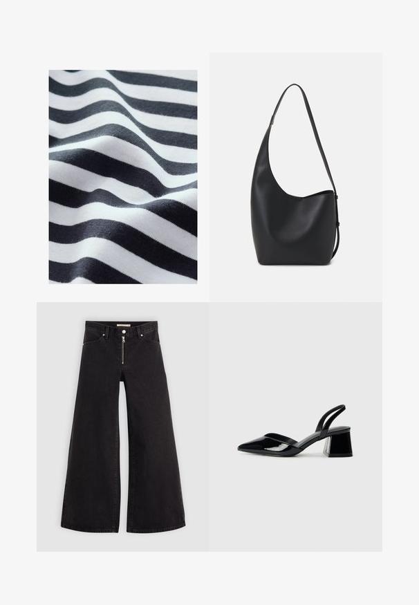 Valovita tkanina z črnimi in belimi črtami, ki prikazuje mehkobo teksture. Črte se razlikujejo po debelini in ustvarjajo gladek, tekoč videz.; Široke traperice iz črnega denima z zadrgo spredaj, petimi žepi in diskretnimi šivi. Gladka tekstura in ležeren slog.; Črne lakirane slingback pete s koničastim nosom in geometrijsko blokasto peto. Imajo eleganten, minimalističen dizajn in gladko teksturo.; Črna usnjena hobo torba z gladko teksturo, ukrivljeno obliko in eno nastavljivo naramnico; ima širok odprtina na vrhu.
