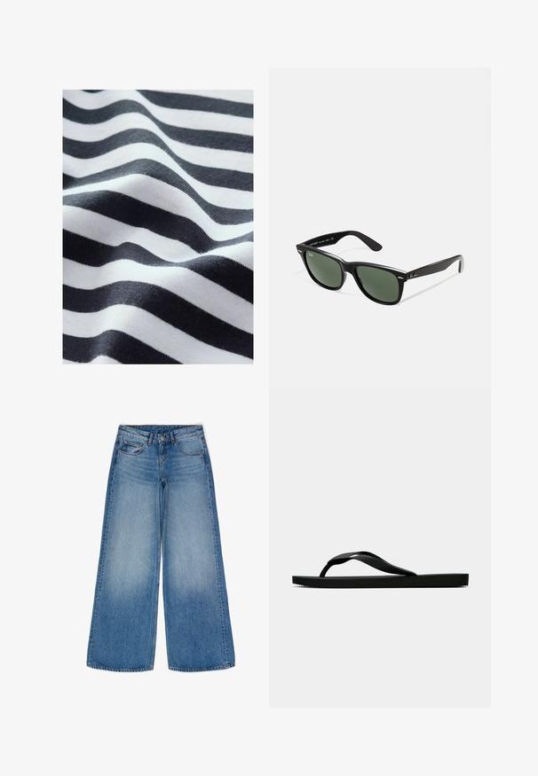 Falowany materiał w czarno-białe paski, prezentujący miękką teksturę. Paski różnią się grubością, tworząc gładki, płynny wygląd.; Szerokie niebieskie dżinsy z wypłukanym odcieniem. Posiadają mocne kieszenie, wysoki stan oraz klasyczne zapięcie na guzik i zamek błyskawiczny.; Czarne gumowe klapki z teksturowanym paskiem i prostą płaską podeszwą, przedstawione z boku na jasnym jednolitym tle.; Czarne plastikowe okulary przeciwsłoneczne z zielonymi szkłami, kwadratowe oprawki, srebrny akcent na brwi oraz fakturowane ramiona temple. Nazwa marki podana na wewnętrznej stronie ramion.; Czarna skórzana torebka na ramię o zaokrąglonym kształcie, gładkiej teksturze, z jednym paskiem i zamknięciem na zamek u góry. Posiada subtelną markę.
