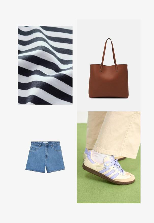 Bølgeformet stof med sort og hvid striber, der viser en blød tekstur. Striberne varierer i tykkelse og skaber et glat, flydende udseende.; Lyseblå denimshorts med høj talje, fem lomme-design og knaplukning. Lige snit med en ren kant.; Creme og lavendel sneakers med tre striber og en tekstureret brun sål, der har snørebånd og en polstret hæl. Blødt stof øvre.; Brun læder tote taske med en glat overflade, åben topdesign og to skulderremme. Har minimal syning og ingen synlig hardware.