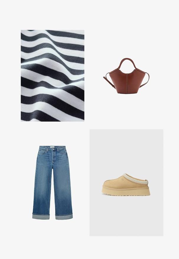 Valovita tkanina s crno-bijelim prugama, koja prikazuje meku teksturu. Pruga variraju u debljini i stvaraju glatki, tekući izgled.; Široke plave traperice s srednjim pranjem i uvučenim rubovima. Ima klasičan petogradni stil i zatvaranje na gumb.; Svi trsno bež slip-on cipele s podstavljenim ovratnikom i teksturiranim svijetloplavi akcentom. Ima debeo, izdržljiv potplat s uzorkom.; Smeđa kožna torba koničnog oblika, čvrste ručke i kontrastnog bijelog šava. Sadrži odvojivi remen za rame radi svestranosti.