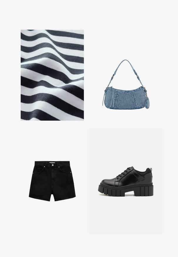 Valovita tkanina s crno-bijelim prugama, koja prikazuje meku teksturu. Pruga variraju u debljini i stvaraju glatki, tekući izgled.; Crne traperice kratke hlače visokog struka, s pet džepova i zatvaranjem na srebrni gumb. Imaju glatku teksturu i prilagođen kroj.; Crne kožne platforme s debelim blok-peta, okruglim prstima i klasičnim dizajnom vezanja. Imaju gladak tekstur i minimalne detalje.; Denimska torba s zakrivljenim oblikom, svijetloplave boje, podesivim remenom za rame i malim odvojivim džepom s metalnim akcentima.