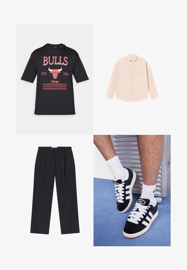 Svart kortermet T-skjorte med "BULLS" i røde bokstaver, med et okseillustrasjon og teksten "Chicago EST. 1966 EASTERN CONFERENCE".; Lys rosa langermet skjorte laget av mykt stoff, med knapping på kragen, frontlomme og subtilt brodert logo på brystet.; Skraddersydde mørkeblå bukser med høy midje, to frontplisser, knapplukking og rette ben i glatt stoff.; Sorte semskede sneakers med hvite lisser og tre hvite striper. Har en sirkulær svart logo på tungen og en såle av gummigummi.