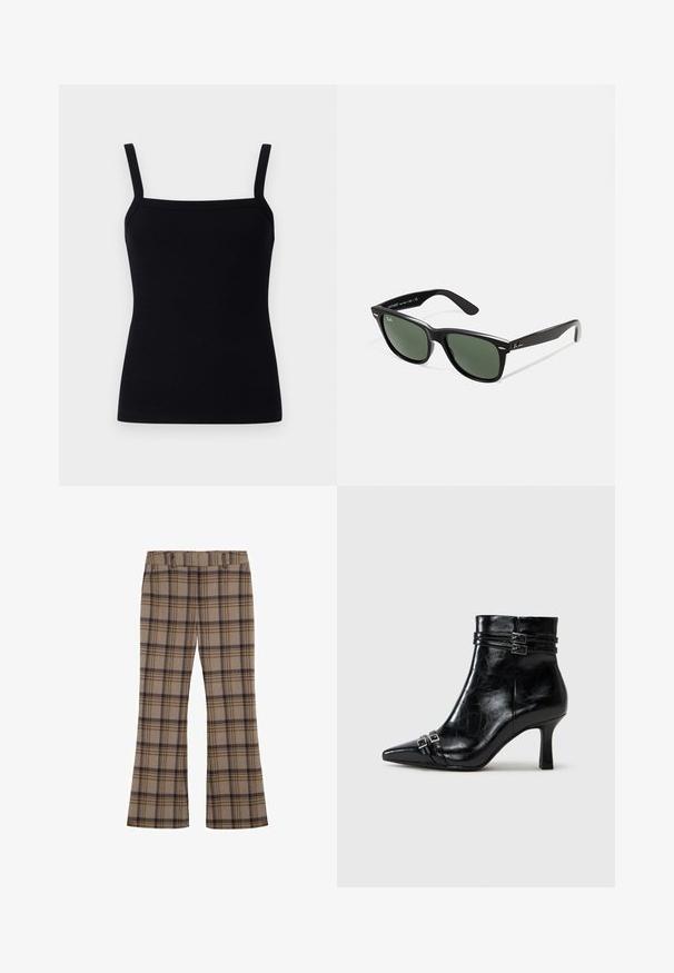 Musta ribbattu toppi säädettävillä olkaimilla, neliönmallisella pääntiellä ja istuvalla muotoilulla, joka myötäilee vartaloa, valmistettu joustavasta kankaasta.; Rabanne Pitkähihainen paita - green/yellow/cream; Ruudulliset housut, jotka on valmistettu kankaasta, tan-värisessä pohjassa tummansinisillä ja ruskeilla tarkastuksilla, leveillä lahkeilla ja elastisella vyötäröllä.; Tamaris Kiilakorkonilkkurit - black; Mustat muoviset aurinkolasit, joissa on vihreät linssit, neliönmuotoiset kehykset, hopeinen yksityiskohta kulmakarvojen kohdalla sekä tekstuuriset temppeleiden varret. Brändi ilmoitettu sisävarsissa.