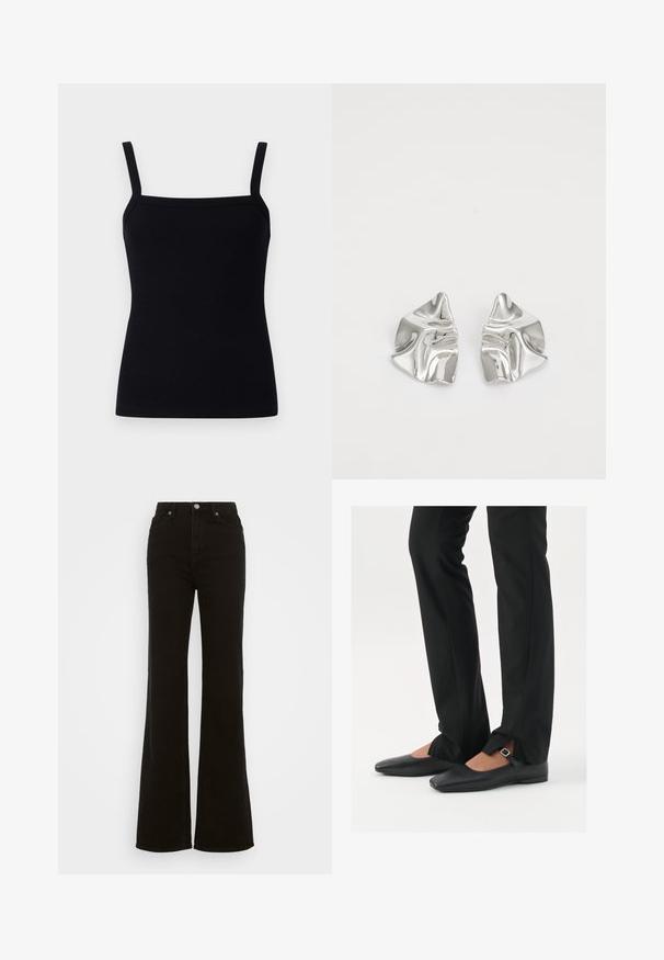 Črn rebrast top s nastavljivimi naramnicami, kvadratnim izrezom in prilegajočim dizajnom, ki objema telo, izdelan iz raztegljivega materiala.; Črne flare kavbojke z visokim pasom, izdelane iz denima, s gumbom za zapiranje, stranskimi žepi in gladko teksturo.; Črne usnjene balerinke s koničastim nosom, trak z srebrno zaponko, v kombinaciji s črnimi elegantnimi hlačami z razporkom na robu.; Srebrni kovinski uhani z valovitim, skulpturalnim dizajnom, ki se ponašajo s poliranim zaključkom in nerednimi oblikami, kar poudarja sodobno estetiko.