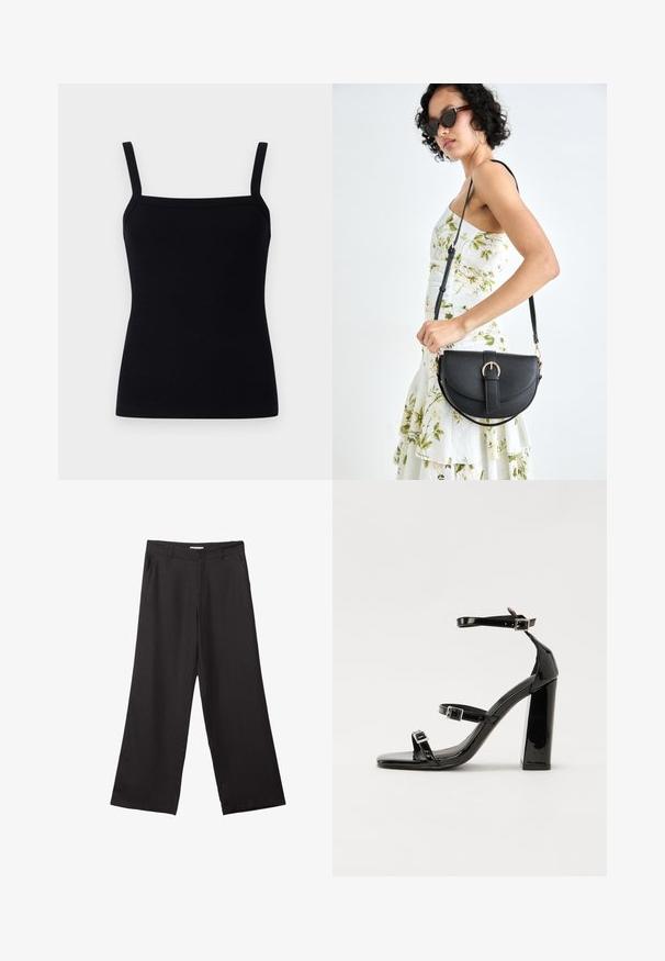 Musta ribbattu toppi säädettävillä olkaimilla, neliönmallisella pääntiellä ja istuvalla muotoilulla, joka myötäilee vartaloa, valmistettu joustavasta kankaasta.; Mustat leveälahkeiset housut, jotka on valmistettu sileästä kankaasta. Niissä on edessä vetoketju ja kaksi sivutaskua, ja niiden muotoilu on räätälöity ja minimalistinen.; Musta kiiltävä korkokenkä sandaalit neliönmuotoisella varpaalla, nilkkaremmillä ja hopeisilla soljilla. Varustettu tukevalla lohkokorkealla vakauden takaamiseksi.; Musta nahkainen käsilaukku, joka on kaareva muotoilultaan, irrotettavalla hihnalla ja kultaisilla yksityiskohdilla. Laukussa on läppä, jossa on solk yksityiskohta.