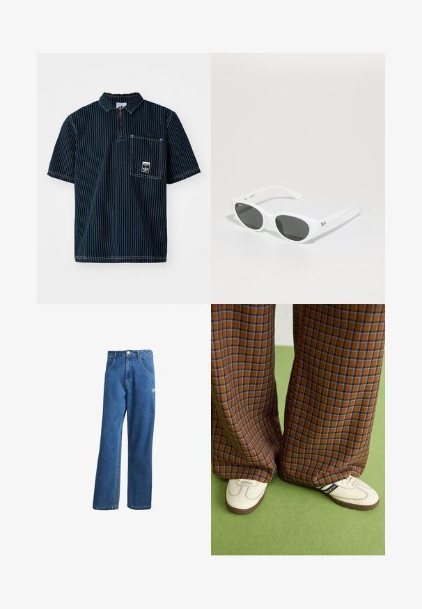adidas Originals GRAPHIC - Poloshirt - medium blue denim; Blauwe hoge taille wijde spijkerbroek met voorzakken, riemlussen, knoopsluiting en klein Adidas-logo op de rechterdij.; Bruine en blauwe geruite wijde broek, gecombineerd met witte schoenen met zwarte accenten en een gestructureerde zool, gezet tegen een groene achtergrond.; Witte zonnebril met ronde montuur en donkere glazen. Heeft een gladde plastic structuur en een klein logo op de poot.