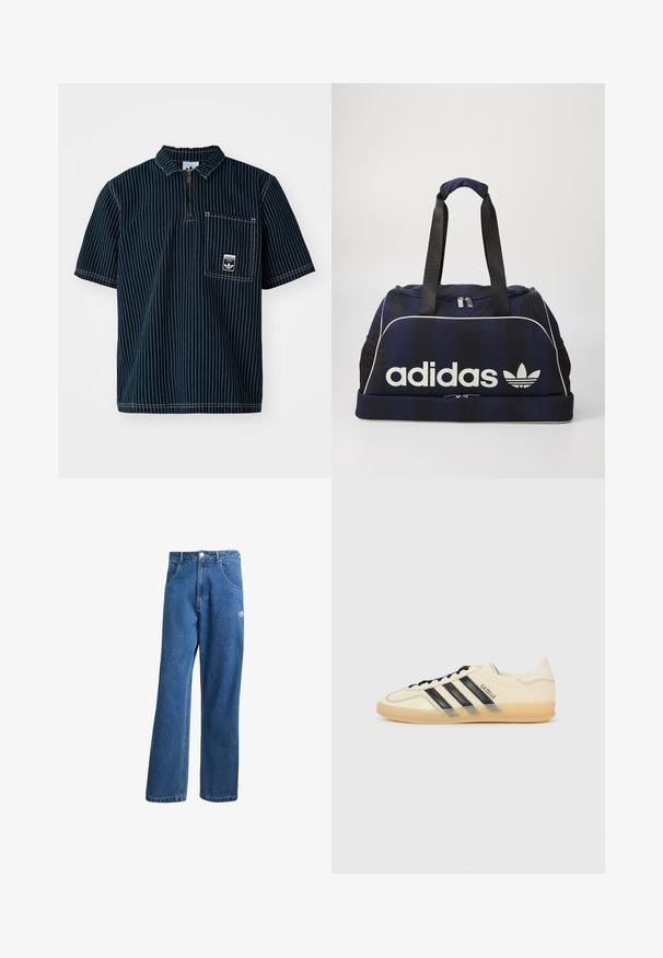 adidas Originals GRAPHIC - Pólóing - medium blue denim; Kék, magas derekú, bő szárú farmernadrág elülső zsebekkel, övhurkokkal, gombos záródással és kicsi Adidas logóval a jobb combon.; Világoskrém színű sneaker fekete háromsávos dizájnnal, textúrált felsőrésszel, kerek orral és gumitalppal. Felszereltsége közé tartozik a fűzés és a logó az oldalán.; Tengerészkék sporttáska fehér Adidas logóval, cipzáras tetővel, két strapabíró fekete fogantyúval és oldalsó hálós zsebekkel. Sima szövetfelület.