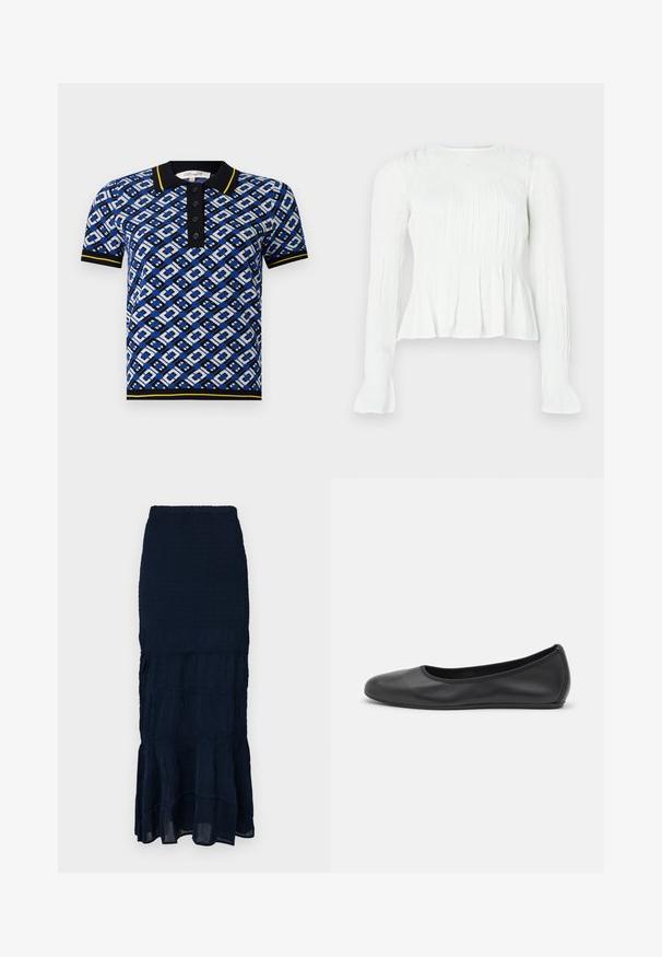Blå og hvid mønstret polo skjorte med sort krave og gule accenter, der har en knaplukning og ribbede mansjetter.; Hvid bluse med lange ærmer, detaljeret med rynket stof, smocket liv og udvidede manchetter på en ensfarvet baggrund.; Mørkeblå midinederdel med smockdetalje, lagdelt flæsekant og tekstureret stof. Elastisk taljebånd for justerbar pasform.; Sort læderballetsko med rund tå, glat tekstur, minimal syning og et fleksibelt såldesign.
