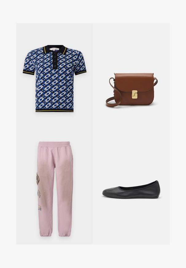 Modrá a biela polo košeľa s vzorom, čiernym golierom a žltými akcentmi, s gombíkovou légou a pletenými manžetami.; Ružové tepláky s elastickým pásom, s ozdobnými nášivkami v tvare diamantu na ľavej strane a elastickými manžetami na členkoch.; Čierne kožené baleríny s okrúhlou špičkou, hladkým povrchom, minimálnym prešívaním a flexibilným dizajnom podrážky.; Hnedá kožená kabelka s klopou, zlatými kovovými prvkami, ramenným popruhom a hladkým povrchom. Kompaktný obdĺžnikový tvar.