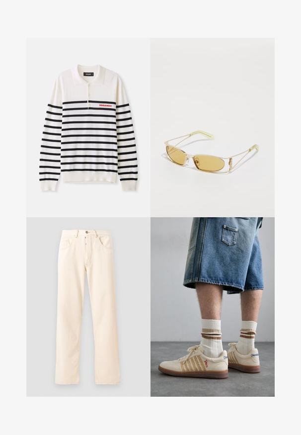 Bílá polo košile s dlouhým rukávem a černými horizontálními pruhy, se třemi knoflíky a červeným logem "DSQUARED2" na levé části hrudi. Měkká pletená struktura.; Světlé béžové džíny s rovnými nohavicemi, pěti kapsami a předním zapínáním na knoflík. Šití viditelné podél švů.; Bežové retro tenisky s hnědou gumovou podrážkou, zdobené pruhovanými detaily a vyšitými logy. Nosené s bílými ponožkami, pruhovaný hnědý detail.; Sluneční brýle se žlutým nádechem, s průhledným zlatým rámem, štíhlým obdélníkovým tvarem a úhlovými nohami s světle zelenými akcenty.