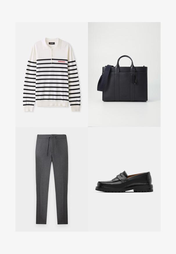 Hvid langærmet polo med sorte vandrette striber, der har tre knapper og et rødt "DSQUARED2" logo på venstre bryst. Blødt strikmateriale.; Mørkegrå tapered bukser med elastisk talje og snøre, der har diskrete folder foran.; Sorte læder loafers har en forhøjet søm, to dekorative remme på overdelen og en tyk struktureret sål for bedre greb.; Mørkeblå læderaktet med dobbelte topgreb og en aftagelig rem. Har tekstureret overflade, lodret syning og logodetalje.