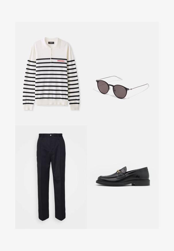 Valkoinen pitkähihainen polo, jossa mustia vaakasuoria raidoituksia, kolmonen nappia ja punainen "DSQUARED2" -logo vasemmassa rinnassa. Pehmeä neulostekstuuri.; Mustat räätälöidyt housut, joissa on suora lahjesuunnittelu, valmistettu sileästä kankaasta, etunapilla ja kahdella sivutaskulla.; Musta nahkainen loafers-tyylinen kengät, joissa on pyöreä kärki, kultaiset yksityiskohdat ja ompelutiedot, asetettu matalalle, teksturoidulle kumipohjalle.; Musta pyöreä aurinkolasit tummilla linsseillä ja kapeilla metallikehyksillä. Sisältää kirkkaat temppelet ja hopeiset yksityiskohdat saranassa. Minimalistinen muotoilu.