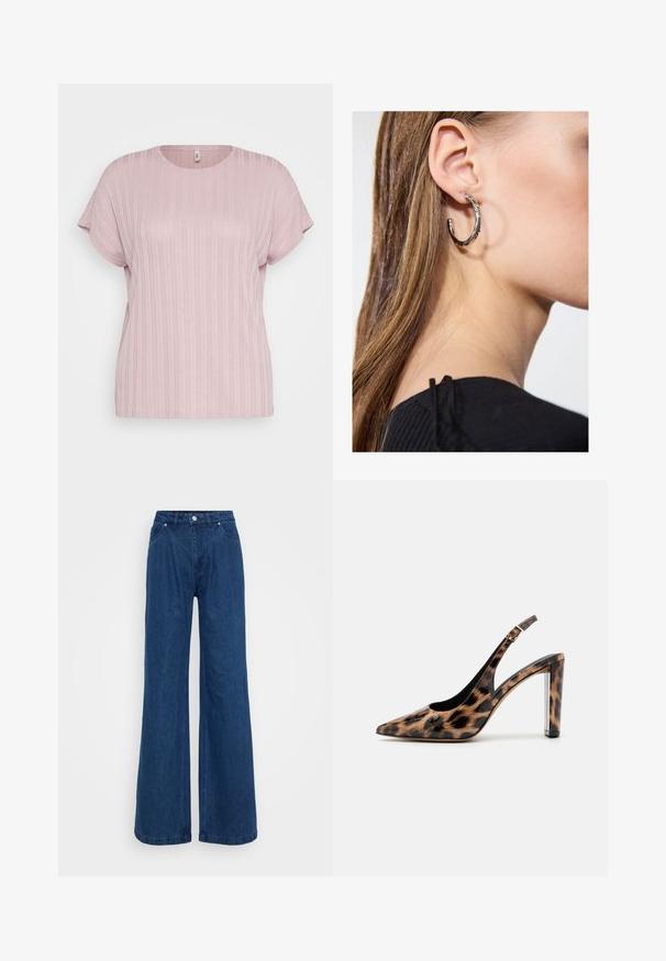 Lys rosa T-skjorte med kort erm og rund halslinning, med vertikale ribber og en avslappet passform i myk kvalitet.; Bredde ben jeans i blå denim med høy midje, frontlås med knapp og glidelås, samt front- og baklommer mot en ensfarget bakgrunn.; Leopardmønstret slingback pumpsko med spidse tæer og gennemsigtig blokhæl. Lavet af glossy materiale med en glat tekstur.; Sølv ringøredob med en polert finish, med små gull detaljer og en rund form, båret på øreflippen.