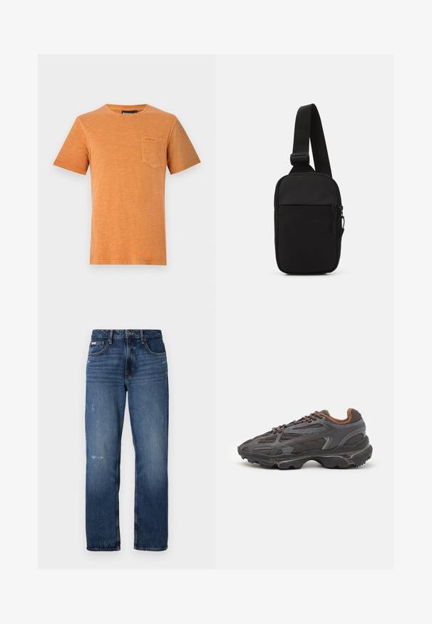 Krátký rukáv oranžové tričko vyrobené z jemné bavlny. Obsahuje náprsní kapsu se švem. Klasický design s kulatým výstřihem.; Modré džíny z denimu se střihem rovného nohavice. Mají vybledlé oblasti a drobné opotřebení na přední straně, s klasickým zapínáním na knoflík.; Sněrovací boty Lacoste v tmavě šedé barvě s síťovinou a syntetickým materiálem, prezentující texturovanou podrážku a hnědé detaily na límci a logu.; Černá crossbody taška vyrobená z odolné tkaniny, s jedním nastavitelným popruhem, zapínacím hlavním oddělením a přední kapsou.