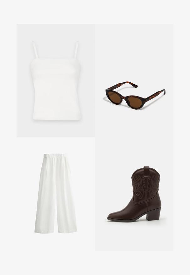White sleeveless top with thin straps, made of smooth fabric. Simple design with a fitted silhouette and no embellishments or patterns.; White, wide-leg pants with an elastic waistband, featuring front pleats and a lightweight, textured fabric.; Brown leather cowboy boots featuring pointed toes, embossed wing patterns, a mid-height block heel, and a pull tab at the back.; Brown tortoiseshell sunglasses with a vintage cat-eye shape and brown lenses. Features curved arms with red accents.