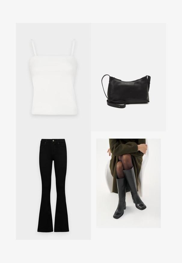 Valge õhuke varrukateta top, millel on peened rihmad, valmistatud siledast kangast. Lihtne disain, sobiv siluett, ilma kaunistuste või mustriteta.; Mustad kõrge vöökohtadega teksad, millel on nööp ja lukuga sulgemine, esikäe taskud ja laienevad sääred, asetatud tasasele valgele taustale.; Knee-high mustad nahast saapad nelinurkse varbaga ja plokilise kontsaga, esitatud mudeli kõrval, kes istub oliivirohelises mantlis. Sujuv tekstuur, minimaalne detailide arv.; Mustmust nahk õlakotil on sile tekstuur, kumer kuju, reguleeritav rihm ja lukuga sulgemine. Minimalistlik disain ilma kaunistusteta.