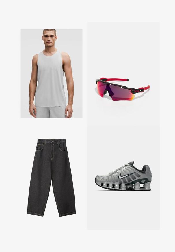 Svetlo šedý športový top s okrúhlym výstrihom a bezrukávovým dizajnom, vyrobený z priedušného materiálu s jemnými textúrovými detailmi.; Čierne deninové nohavice s širokými nohavicami a žltým prešívaním, s dizajnom na päť vreciek a stredne vysokým pásom. Textúrovaná tkanina s hladkým povrchom.; Sivé a čierne bežecké topánky Nike s viditeľným odpružením podobným pružine pod podrážkou a bielym logom swoosh na boku.; Oakley RADAR PATH UNISEX - Slnečné okuliare - 100t matte black