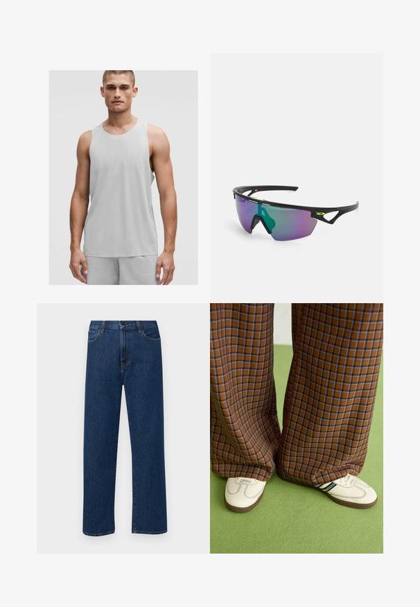 Lichtgrijze sportieve tanktop met een ronde halslijn en mouwloos ontwerp, gemaakt van ademend materiaal met subtiele textuurelementen.; Donkerblauwe rechte denim jeans met frontzakken en een knoopsluiting, weergegeven op een effen witte achtergrond.; Bruine en blauwe geruite wijde broek, gecombineerd met witte schoenen met zwarte accenten en een gestructureerde zool, gezet tegen een groene achtergrond.; Sport zonnebril met een zwart montuur, grote verlooplenzen met paarse en groene tinten, en hoekige ontwerpaccenten met logo-details.