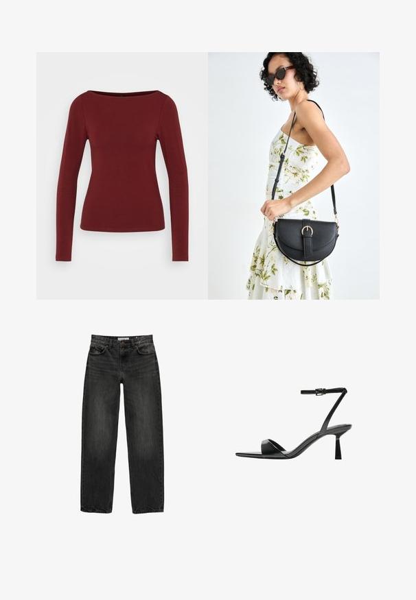 Top cu mâneci lungi, în culoarea burgundă, având un decolteu tip barcă, design ajustat și țesătură netedă, elastică. Fără modele sau accesorii vizibile.; Blugi negri din denim cu o croială lejeră, picior drept, design cu cinci buzunare și o textură ușor decolorată. Închidere cu nasture și fermoar în față.; Bershka Sandale cu toc - black; Geantă din piele neagră, cu o formă curbată, curea detașabilă și accesorii aurii. Geanta are un capac cu un detaliu tip cataramă.