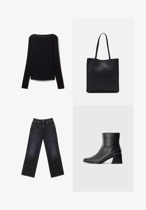 Langarmshirt aus schwarzem, weichem Stoff, mit weitem Ausschnitt und leicht lockerer Passform, ohne sichtbare Muster oder Hardware-Details.; Hoch taillierte schwarze Jeans aus Denim mit weitem Bein, Fünf-Taschen-Design und sichtbaren Nähten. Der Stoff hat eine glatte, leicht strukturierte Oberfläche.; Schwarze Lederstiefelette mit quadrater Zehenform, seitlichem Reißverschluss und Blockabsatz vor einem schlichten hellen Hintergrund.; Schwarze Laptoptasche aus Leder mit glatter Textur, rechteckiger Form und zwei langen Griffen. Keine sichtbaren Beschläge oder Verzierungen.