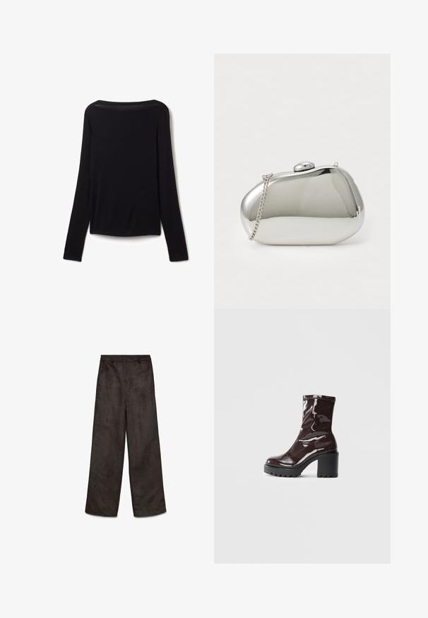 Dlouhé černé tričko z měkké látky, s širokým výstřihem a mírně volným střihem, bez viditelných vzorů nebo kovových detailů.; Kostýmové kalhoty z černé látky s širokými nohavicemi a hladkým, měkkým materiálem. Obsahují přední kapsy a zapínání na zip. Čistý design bez viditelných vzorů.; Lesklá bordó kotníková bota s masivním černým podpatkem, se hladkým povrchem a jednoduchým designem. Žádné viditelné zapínání ani vzory.; Stříbrná kovová spojka s zaobleným, hladkým tvarem. Obsahuje uzávěr na klips a odnímatelný řetízek. Reflexní povrch bez vzorů.