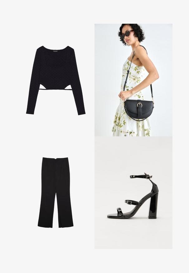 Črn skrajšan dolg rokav top z teksturiranim heksagonalnim vzorcem, ovalnim izrezom in izrezanimi detajli na robu. Mehka, raztegljiva tkanina.; Črne hlače ravnega kroja z naglavnimi žepi in stranskimi razporki na robu. Narejene iz mehke, gladke tkanine. Primerne za različne priložnosti.; Črne lakirane sandale s peto, kvadratnim prstom, trakovi okrog gležnja in srebrnimi zaponkami. Opremljene so s stabilno Debelo peto.; Črna usnjena torbica s ukrivljeno obliko, z odstranljivo naramnico in zlatimi dodatki. Torbica ima pokrov s podrobnostmi v obliki zaponke.