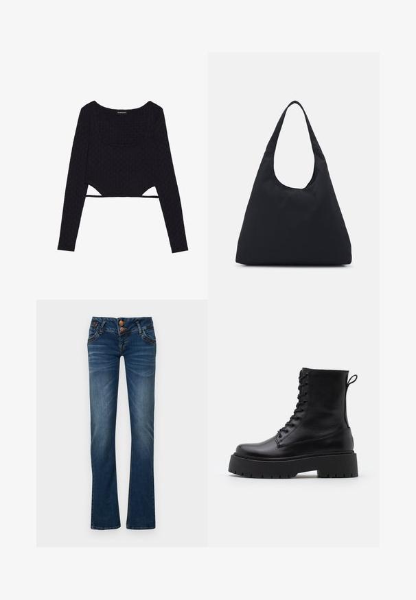 Mustat lyhythihaiset pitkät hihat -paita, jossa on teksturoitu kuusikulmainen kuvio, avonainen pääntie ja leikkaukset helmassa. Pehmeä ja joustava kangas.; Tummansiniset bootcut-farkut, joissa on kaksi etunappia, viisi taskua ja hienoa haalistumaa reisissä ja polvissa.; Musta nahkainen nilkkureita, joissa on pyöreä kärki, nauhakiinnitys edessä ja paksu kumipohja, jossa on teksturoitu pinta. Takana vetotappi.; Musta kangaskassi, jossa on yksi leveä olkahihna. Pehmeä, puolirakenteellinen muoto ja sileä pinta; minimalistinen muotoilu ilman näkyviä metalliosia.; Hope hopea, joissa on kierren muotoilu, kiiltävä pinta ja takana kiinnitettävä suljin. Halkaisija noin 3 cm.