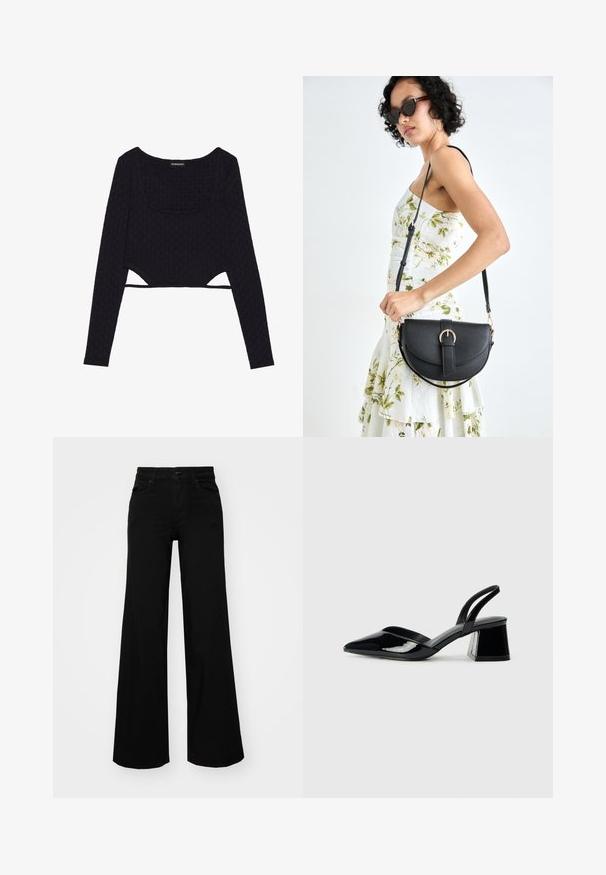 Zwarte cropped mouwlange top met een gestructureerd hexagonaal patroon, een ronde halslijn en uitsnijdingen aan de zoom. Zacht, rekbaar materiaal.; Zwarte wijdvallende broek van denim, met een gestructureerde tailleband, riemlussen en voorzakken. Glad van textuur met een klassiek ontwerp.; Zwarte gepatineerde leren slingback hakken met een spitse neus en een geometrische blokhak. Kenmerkt zich door een slank, minimalistisch ontwerp en een gladde textuur.; Zwarte leren handtas met een gebogen vorm, afneembare schouderband en gouden hardware. De tas heeft een klep met een gespsluiting.