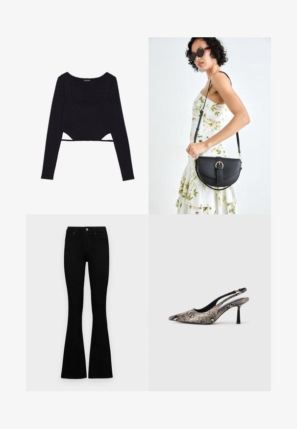 Zwarte cropped mouwlange top met een gestructureerd hexagonaal patroon, een ronde halslijn en uitsnijdingen aan de zoom. Zacht, rekbaar materiaal.; Zwarte hoge taille jeans met een knoop- en ritssluiting, voorzakken en een flared pijp, plat gelegd op een witte achtergrond.; Puntige slingback schoenen van textuur leer met slangenprint, met een slanke zwarte hak en een uitgesneden ontwerp aan de zijkanten.; Zwarte leren handtas met een gebogen vorm, afneembare schouderband en gouden hardware. De tas heeft een klep met een gespsluiting.