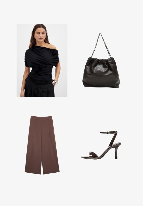Črna majica z odprtimi rameni in drapirano tkanino, ki se prilega pasu in ima kratke rokave. Gladka tekstura z nabranimi detajli na sprednji strani.; Rjave široke hlače z gladko teksturo, ki imajo visok pas in sprednje naborke. Tkanina je lahka in prosto pada.; Rjave visokosprti sandali iz pateniranega usnja z zaponko okoli gležnja, odprto konico in eleganten, minimalističen dizajn. Imajo kvadratno peto.; Rjava usnjena torba z nabranim vrhom in verižnim trakom. Gladka tekstura z sijajno površino in subtilnimi šivi na straneh.