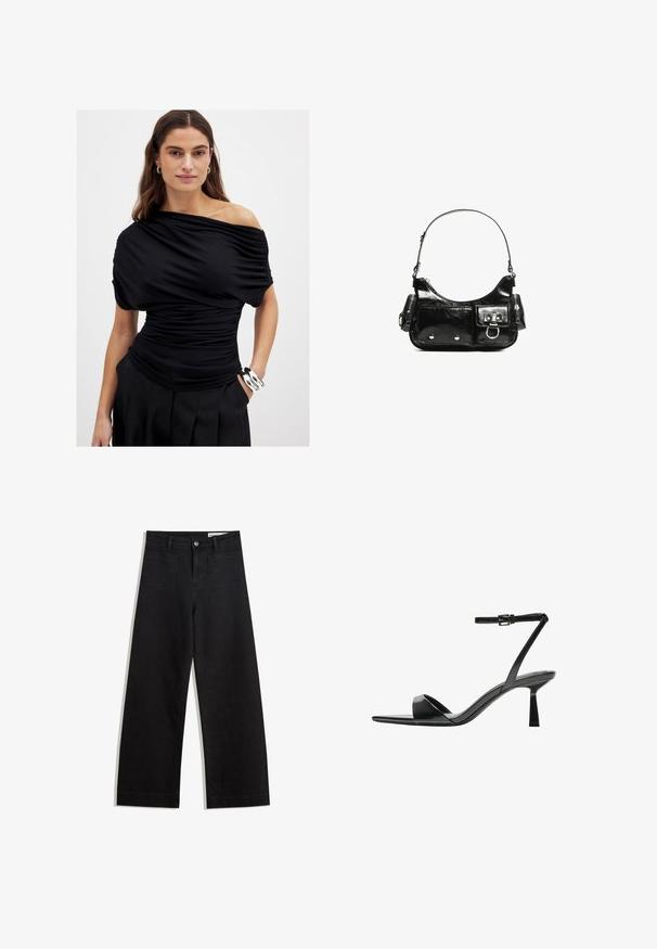 Musta olkaimeton paita, jossa on laskostettu kangas, istuva vyötärö ja lyhyet hihat. Sileä pinta ja kerrostettu yksityiskohta edessä.; Mustat leveät farkut korkealla vyötäröllä, joissa on etu- ja takataskut, ommellut saumat ja nappisuljenta. Silkinoinen rakenne.; Bershka Korolliset sandaalit - black; Mustekko mustasta kiiltonahasta valmistettu käsilaukku, jossa on kaareva muoto, yksi olkahihna, etutaskut ja hopeanväriset yksityiskohdat.