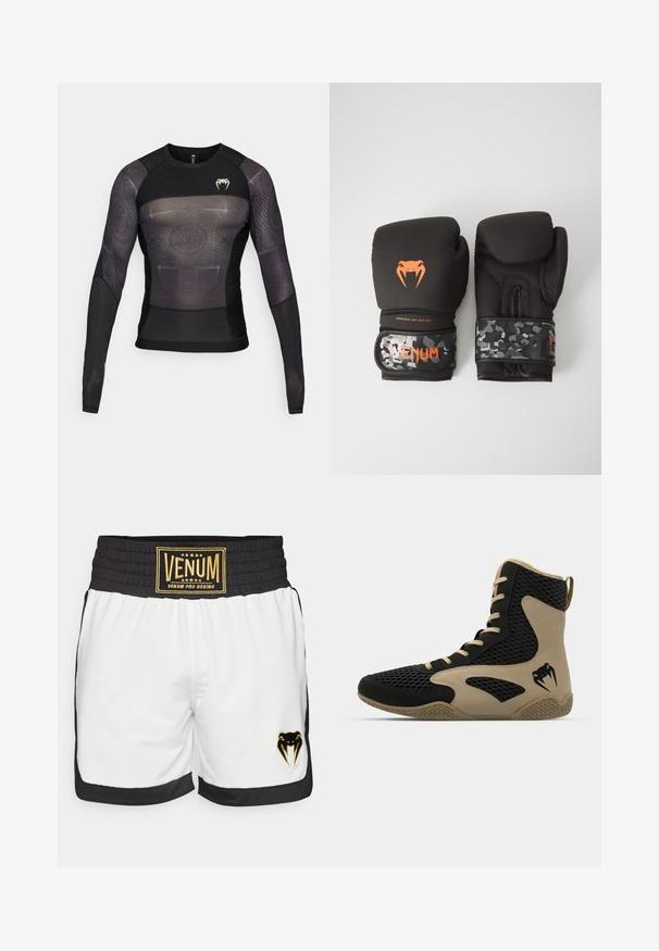 Venum - Bluzka z długim rękawem; Białe szorty bokserskie z czarnymi akcentami. Elastyczny pas zawiera złotą etykietę "Venum Pro Boxing". Czarna logo węża wyszyte po bokach.; Wysokie buty sportowe z czarną siateczkową powierzchnią i beżowymi akcentami. Teksturowana gumowa podeszwa i detal logo po boku.; Czarne rękawice bokserskie o matowym wykończeniu i ergonomicznym kształcie. Pomarańczowe detale logo oraz rękawy w wzór kamuflażowy.