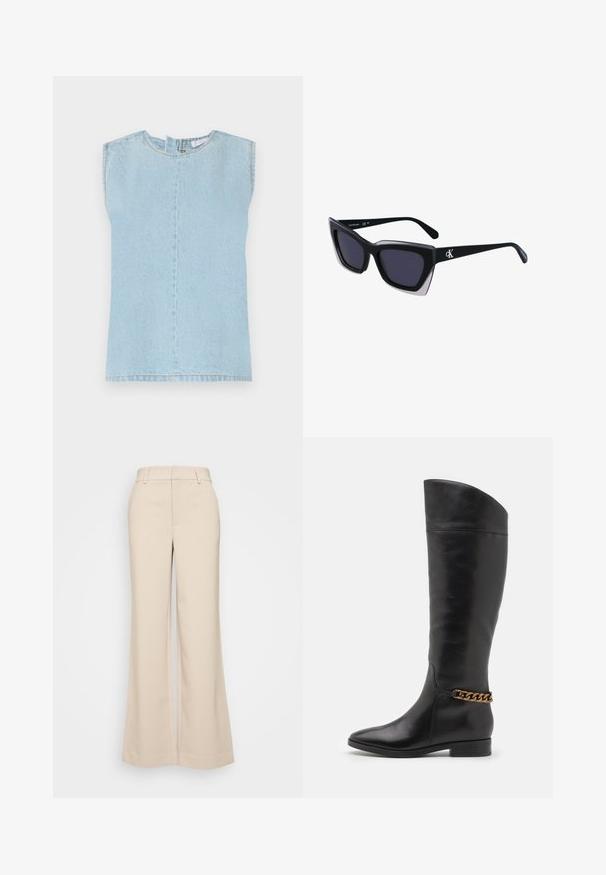 Hele sinine denimpaita ilma varrukat, ümmarguse dekolteega, sirge lõikega ja keskmise õmblusega. Kangas on peene tekstuuriga ja rõhutab mõnusat, juhuslikku viimistlust.; Beeži laiad püksid sujuva tekstuuriga, kõrgendatud vöökoht ja kaks eesmist taskut. Puhtas disain, mis on kohandatud sobivusega.; Kõrged mustad nahast saapad, millel on stiilne disain, terav nina ja kuldne kett aktsent pahkluul. Madal plokk-konts. Sile tekstuur.; Mustad suured mustad prillid geomeetrilise kujuga, tumedate läätsedega ja kontrastse halli detailiga raamidel. Logo käe peal.; Hõbedased rõngaskõrvarõngad, millel on sile ja läikiv pind. Ümar kuju, kerge disain, millel on post-tagumise kinnituse süsteem.