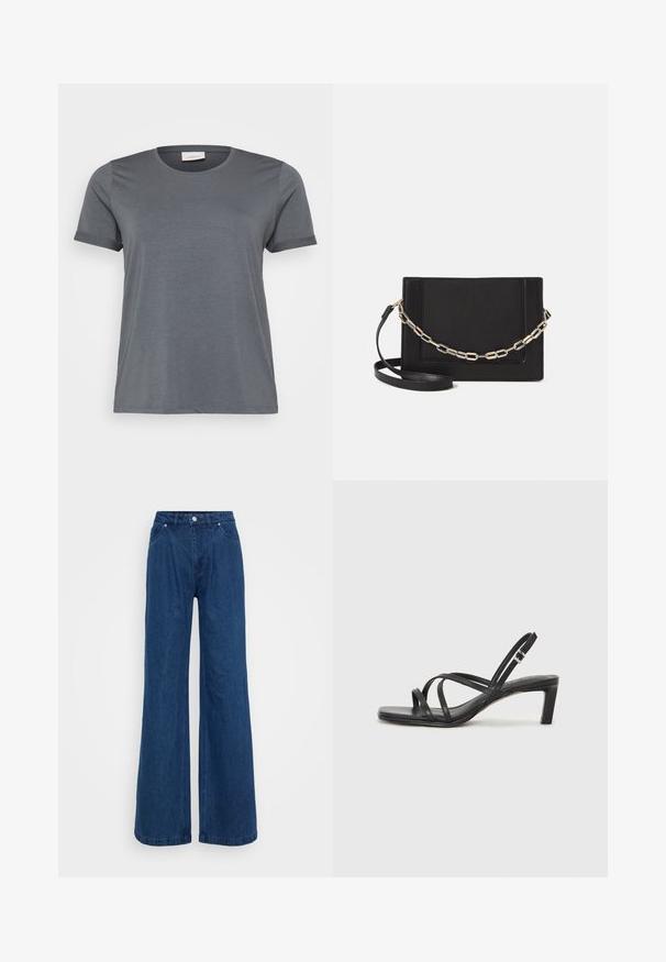 T-shirt cinza de manga curta feito de um tecido macio, com um clássico decote redondo e mangas dobradas. Textura suave sem padrões visíveis.; Jeans de ganga azuis de perna larga com uma cintura alta, fecho frontal por botão e zip e bolsos dianteiros e traseiros sobre um fundo plain.; Sandal de tiras pretas com biqueira quadrada e um pequeno salto bloco. Apresenta várias tiras finas e uma tira no tornozelo ajustável. Feito de couro liso.; Bolsa crossbody de couro preto com uma textura suave, forma retangular e um detalhe em corrente metálica na frente. Inclui uma alça ajustável.