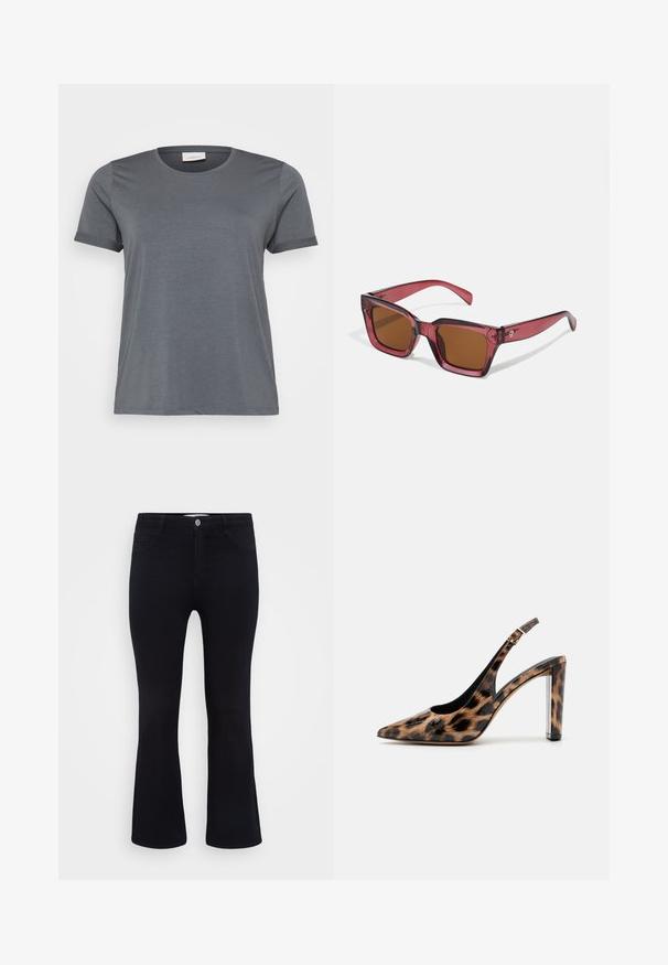 Pilkas trumpas rankovėmis marškinėliai iš minkštos medžiagos, turintys klasikinį apvalų iškirpimą ir sukarkintas rankoves. Glotnus paviršius be matomų raštų.; ONLY Carmakoma CARTHUNDER PUSH UP - Platėjantys džinsai - black denim; Leopardų rašto slingback aukštakulniai su smailiu priekiu ir skaidriu blokuotu kulnu. Pagaminti iš blizgaus medžiagos su glotnia tekstūra.; Raudonais atspalviu nudažyti kvadratiniai akiniai nuo saulės su rudieminčiomis lęšiais. Pagaminti iš skaidraus plastiko. Išsiskiria ryškiu kampuotu dizainu ir subtiliu ženklinimu ant šventyklos.