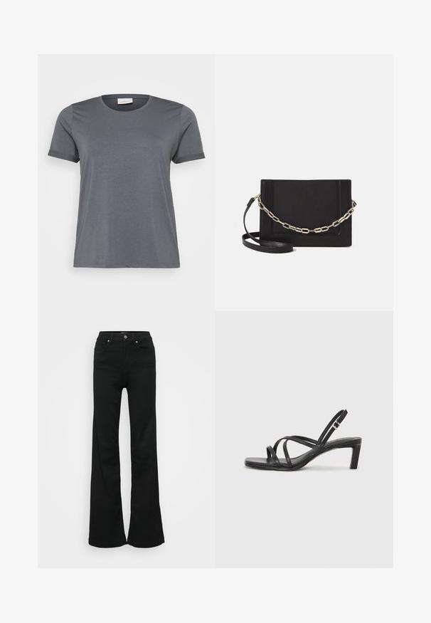 Sivá krátka rukávová tričko vyrobené z mäkkej tkaniny, s klasickým okrúhlym výstrihom a rolovanými rukávmi. Hladká textura bez viditeľných vzorov.; Čierne rozšírené džínsy vyrobené z denimu, s vysokým pásom, piatimi vreckami a kovovým zapínaním. Hladká textúra s minimálnym zdobením.; Čierne sandále na vysokom podpätku so štvorcovou špičkou a nízkym blokovým podpätkom. Obsahujú viacero tenkých popruhov a nastaviteľný členkový popruh. Vyrobené z hladkej kože.; Čierna kožená crossbody taška s hladkou textúrou, obdĺžnikovým tvarom a kovovým reťazovým detailom na prednej strane. Súčasťou je nastaviteľný popruh.; Strieborný prsteň s dvojitým pásikom s hladkým, lesklým povrchom. Má plynulý, zakrivený dizajn s prekryvajúcimi sa časťami pre moderný vzhľad.