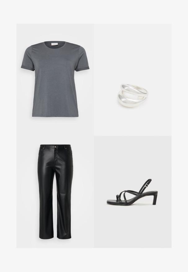 Hallapärane lühikese varrukaga hall t-särk, mis on valmistatud pehmest kangast. Särgil on klassikaline ümmargune kaelus ja rullitud varrukad. Sile tekstuur, ilma nähtavate mustriteta.; Mustast kunstnahast püksid sirge lõikega, millel on vöökohad, ees taskud ning lukuga sulgemine, millel on nööp. Sujuv tekstuur.; Mustast rihmajalatsid ruudukujulise varba ja madala ploki kontsaga. Omab mitmeid õhukesi rihmasid ja reguleeritavat pahkluu rihma. Valmistatud siledast nahast.; Hõbedane kahekordne rõngas sujuva, poleeritud pinnaga. Omab voolavat, kõverat disaini, millel on kattuvad sektsioonid, et saavutada kaasaegne ilme.