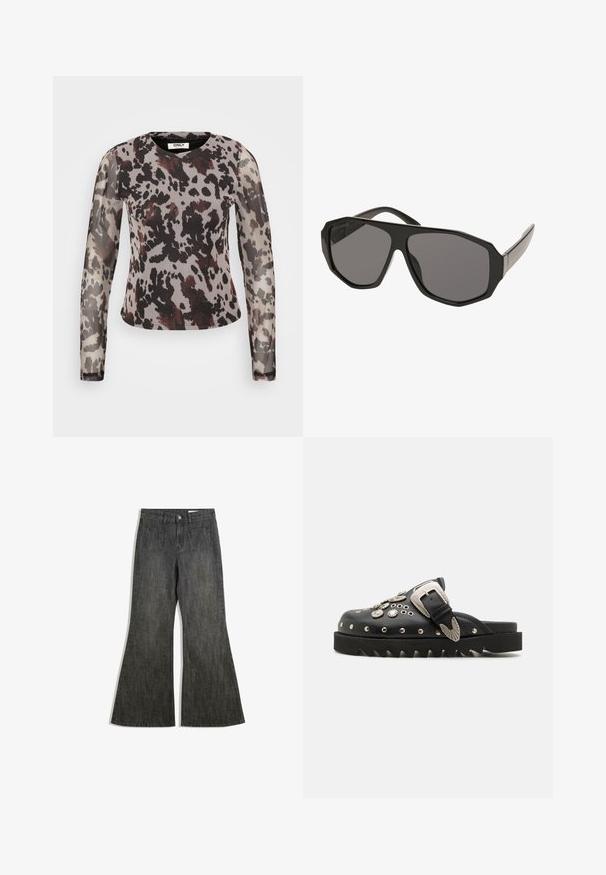 Sheer long-sleeve top featuring an abstract grey and black animal print, with burgundy accents and a rounded neckline. Soft, lightweight fabric.; Black flared jeans with a high waist, featuring two front pockets and two back pockets, made of textured denim fabric.; Black leather clogs with metal ornamentation, including studs and a decorative buckle, featuring a thick, serrated sole.; Black oversized sunglasses with an octagonal frame, gray tinted lenses, and smooth plastic arms. Metal accents near the hinges.; Black textured leather handbag with silver studs along the top edge and handles, featuring a short handle and a detachable strap.