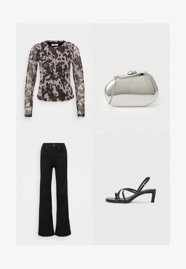 Átlátszó, hosszú ujjú felső, absztrakt szürke és fekete állatmintával, burgundi részletekkel és kerek nyakkivágással. Puha, könnyű anyag.; Fekete, trapéz szabású farmernadrág, magas derékkal, öt zsebbel és fémből készült gombos zárással. Simább textúrájú, minimális díszítéssel.; Fekete pántos szandál négyzetes orral és alacsony blokk sarkal. Több vékony pánttal és állítható boka pánttal rendelkezik. Sima bőrből készült.; Ezüst fém clutch táska, lekerekített, sima formával. Csatlakozott záráshoz és leválasztható lánc pánttal rendelkezik. Tükörfényes felület, minta nélkül.