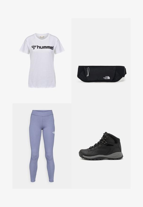 Biała bawełniana koszulka z krótkim rękawem. Z przodu znajduje się czarne logo i grafika "hummel". Styl z okrągłym dekoltem.; Niebieskie legginsy sportowe wykonane z miękkiego, elastycznego materiału. Posiadają wysoką talię oraz małe białe logo na lewej udzie.; Czarne buty trekkingowe z średnim cholewem, z teksturowaną cholewą, szarymi akcentami oraz trwałą gumową podeszwą z wypustkami zapewniającymi przyczepność.; The North Face UNISEX czarny